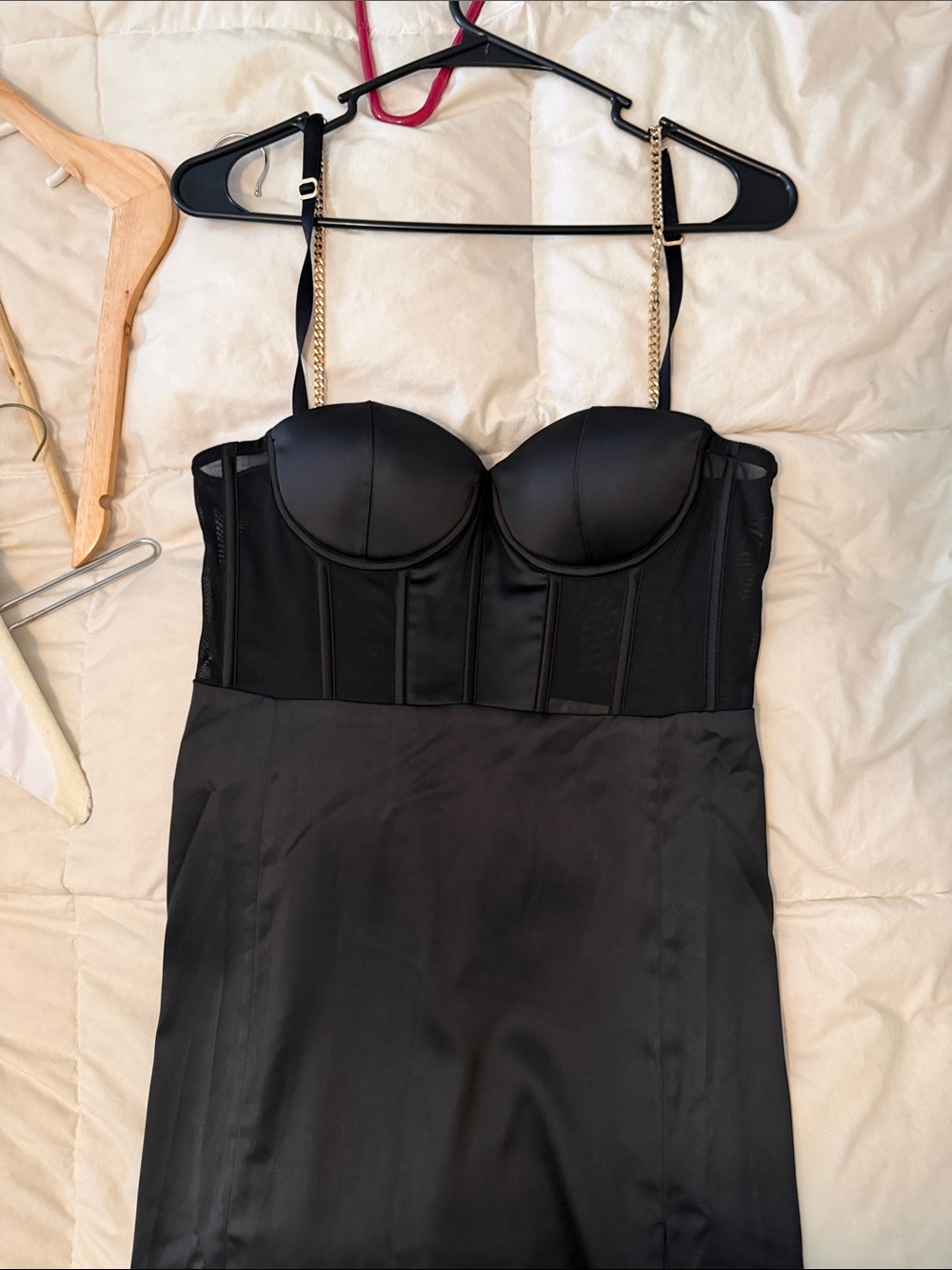Meshki Black Satin Bustier Slip with Gold Chain Straps